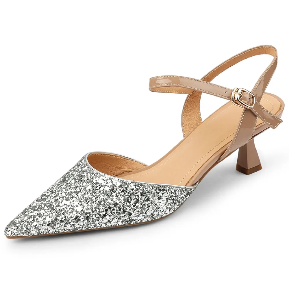 

Туфли-лодочки женские из натуральной кожи с блестками и ремешком на пятке