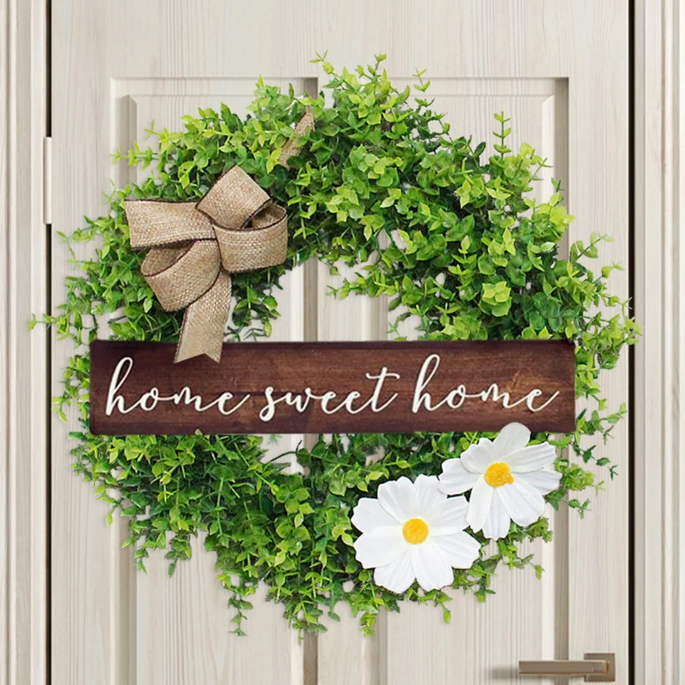 

Artificial Spring Wreath Decorative Wreath Wall Window Decor Handmade with Wooden Welcome Sign for Farmhouse Wall Holiday Decor