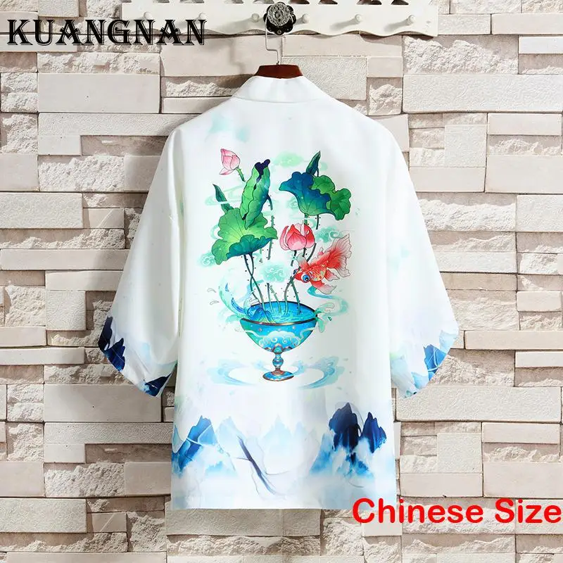 

KUANGNAN Chinese Style Printed Clothes Men's Kimono for Man Japanese Style Clothing Japan Haori Shirt Cardigan 5XL 2023 Summer