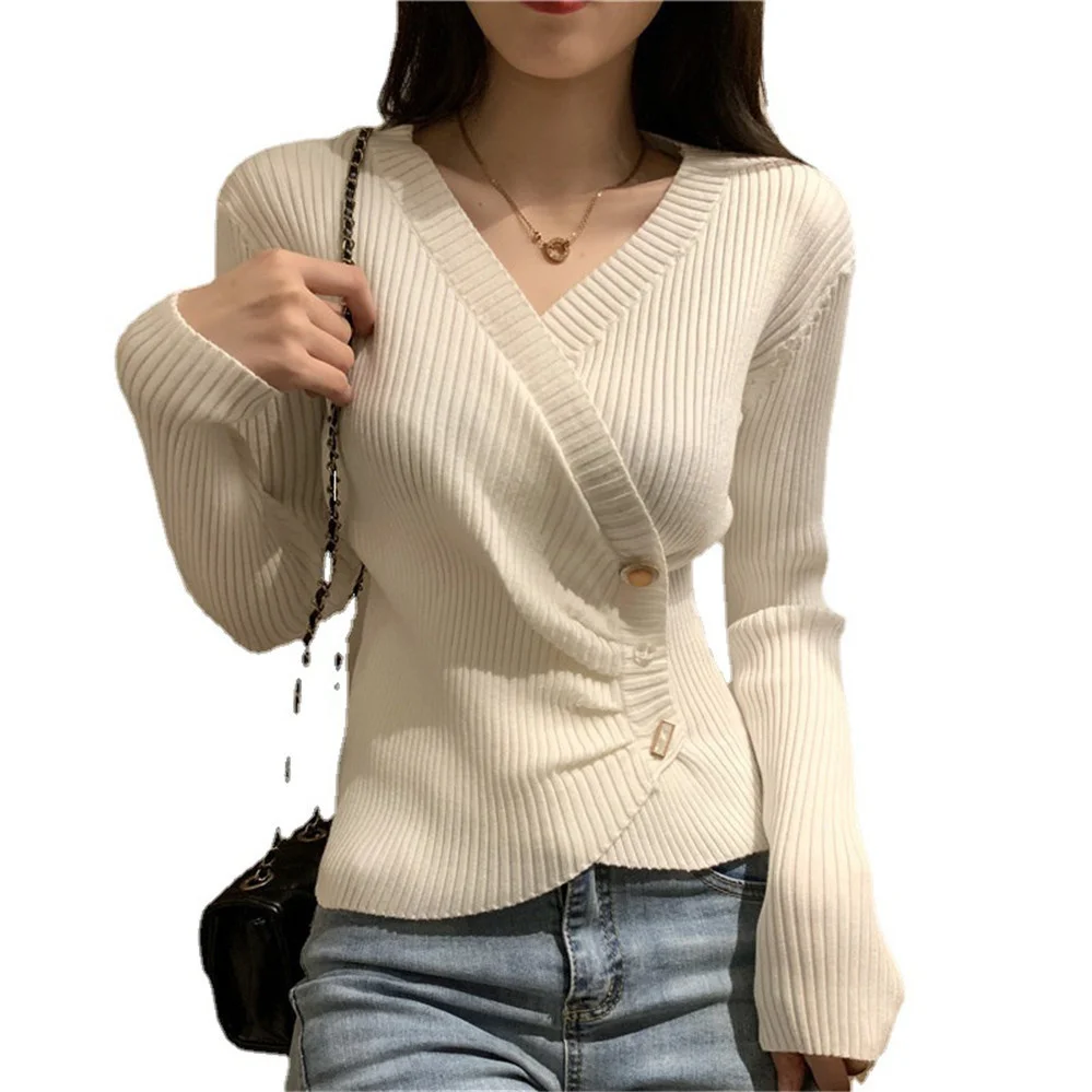 

2023 Fashion Long-sleeved knitted crossed v-neck buttons sweaters jumpers crop tops autumn new bottoming sweater shirt women's