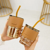 coffee cup ins style creative high value convenient glass cup with lid straw leak proof cup beautiful tea cup leather cup set