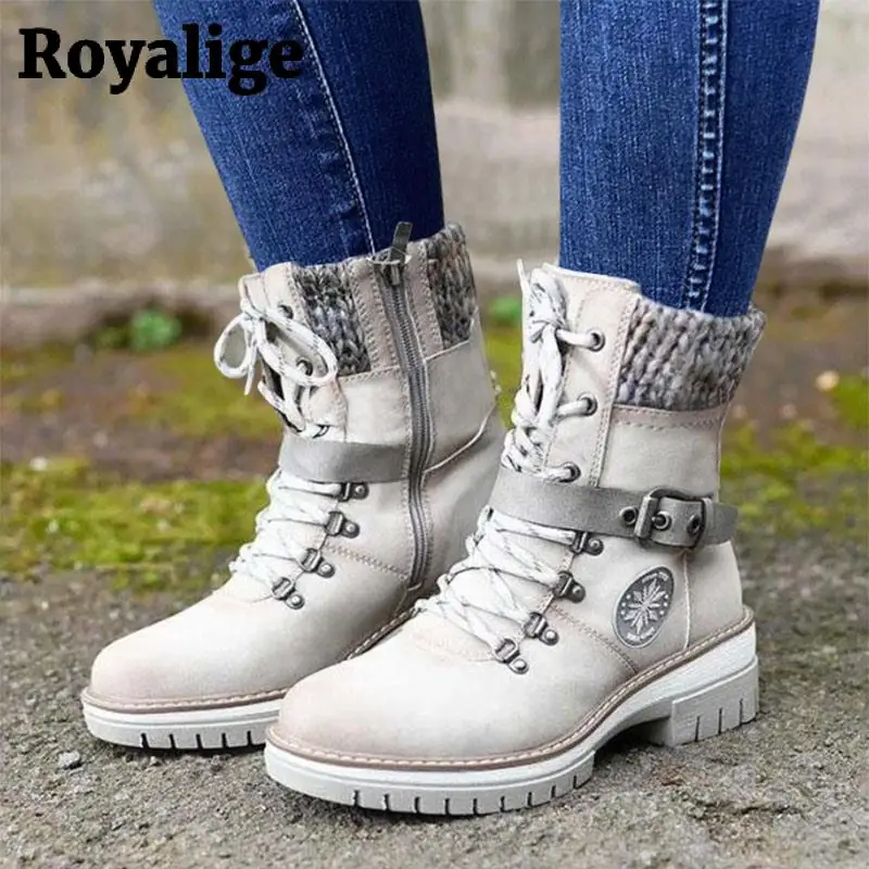 

Women Ankle Boots Buckle Knitted Plush Shoes for Women 2022 Warm Snow Boots Ladies Shoes Roman Low Heel Round Toe Botas De Mujer