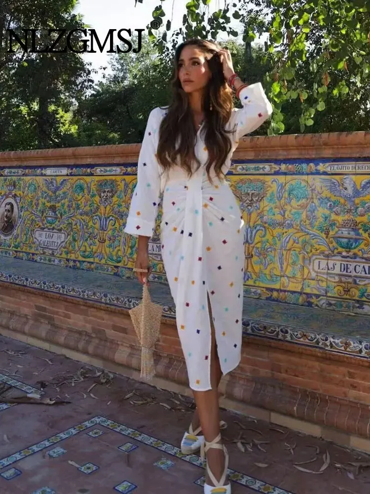 

Nlzgmsj TRAF Embroidery Beach Long Dress Female Long Sleeve Colorful Sunscreen Dress 2023 Loose Spring Autumn Dress