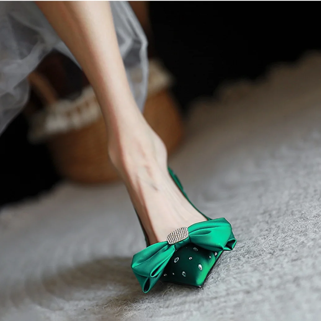 Party Elegant Women Wedding Dress Ladies Heel 7CM Slip On Pumps Spring Autumn Retro Satin Butterfly Knot Shoes