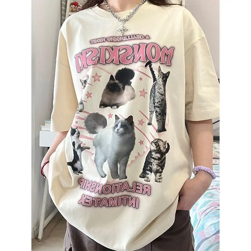 

Модные милые футболки в Корейском стиле Y2K с изображением животных и кошек, уличные Топы большого размера из чистого хлопка для пар, Повседн...