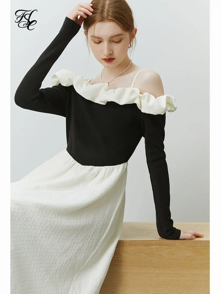 

FSLE Design Sense Knitted Stitching One-shoulder Dress for Women Winter Niche Slim A-line Special Temperament Women Long Dress