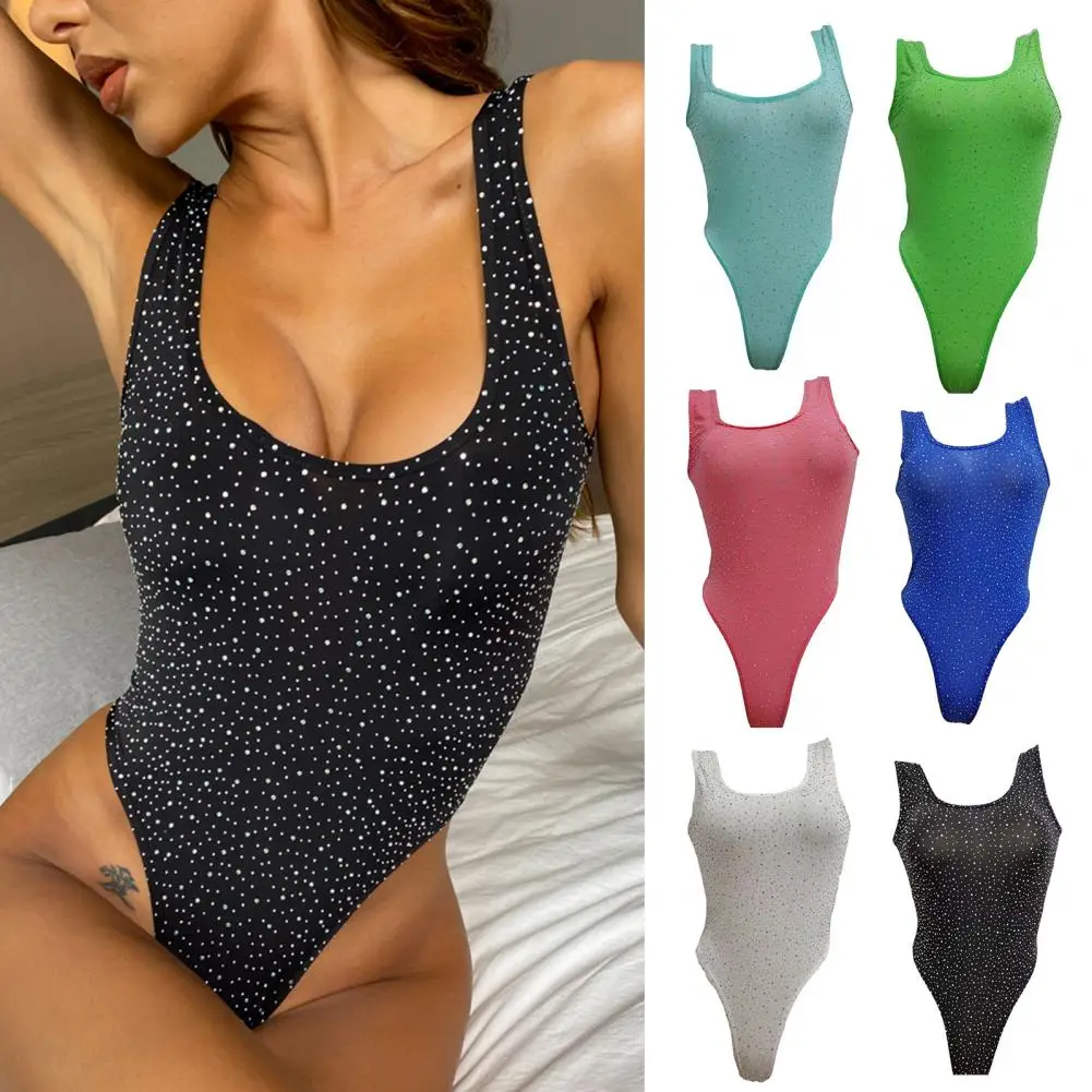 

Женское боди с глубоким вырезом, облегающее боди с высокой эластичностью, летний Боди, блестящий Однотонный женский комбинезон с U-образным вырезом, один размер