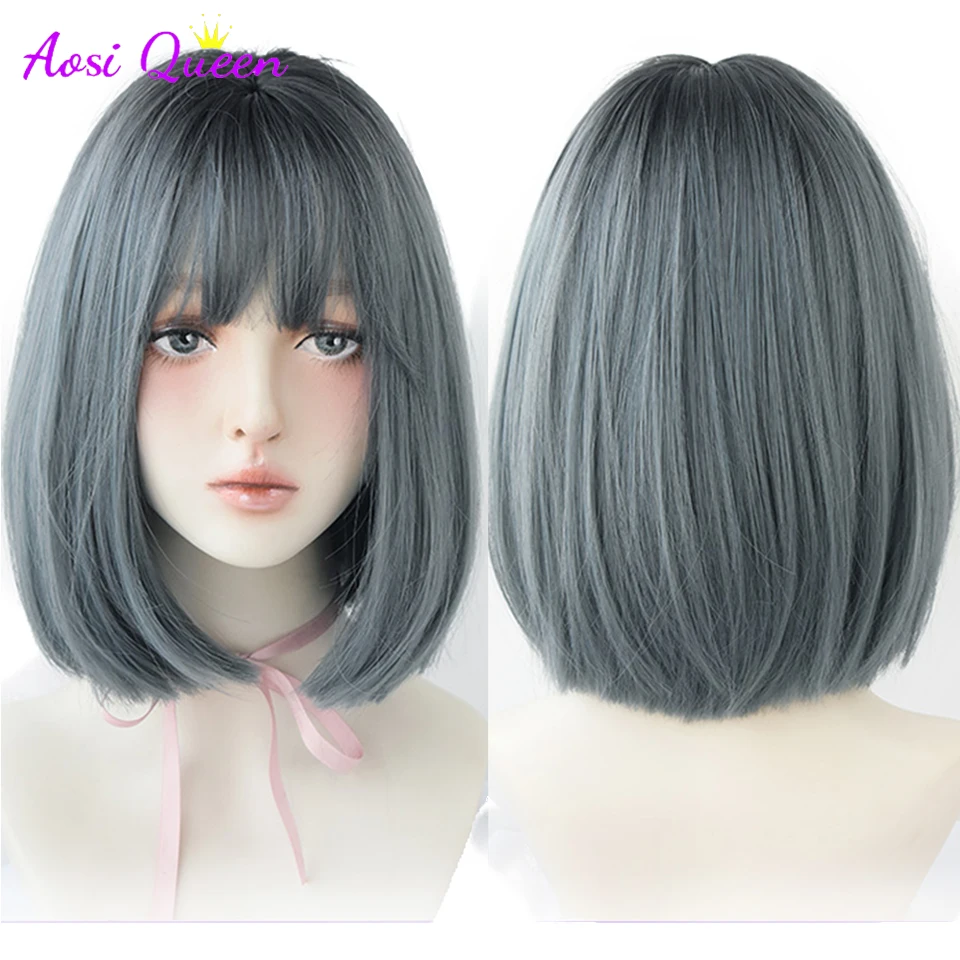 

AS Purple Ash Hari With Bangs Remy Short Blonde Wigs For Women Bob Heat Resistant Glueless Synthetic Wig Wholesale