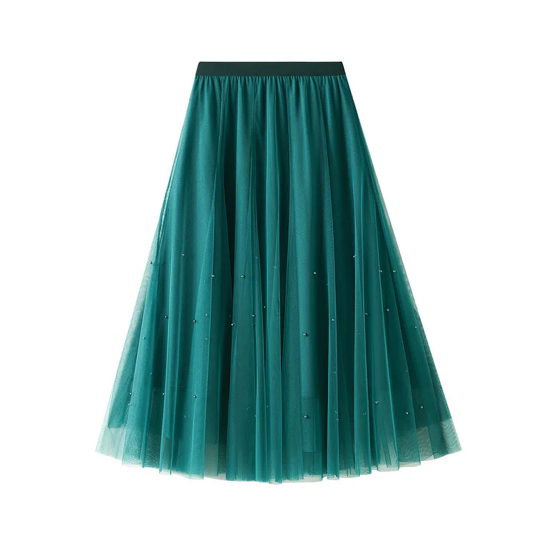 Green Pearl Beading Tulle Skirt Women 2022 New Fashion Midi Long Mesh Skirt Female High Waist Tutu Skirts Jupe Longue