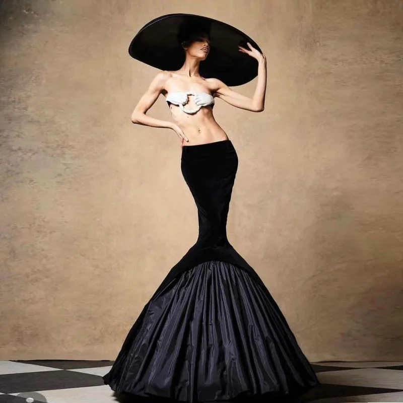 Женская плиссированная длинная юбка черная бархатная атласная макси с низкой