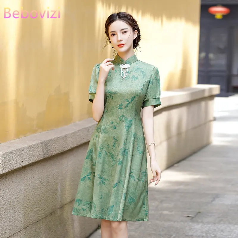 

Plus Size 4XL Retro Chinese Traditional National Style Green Printed Cheongsam Summer New Improved French Short Qipao Dress