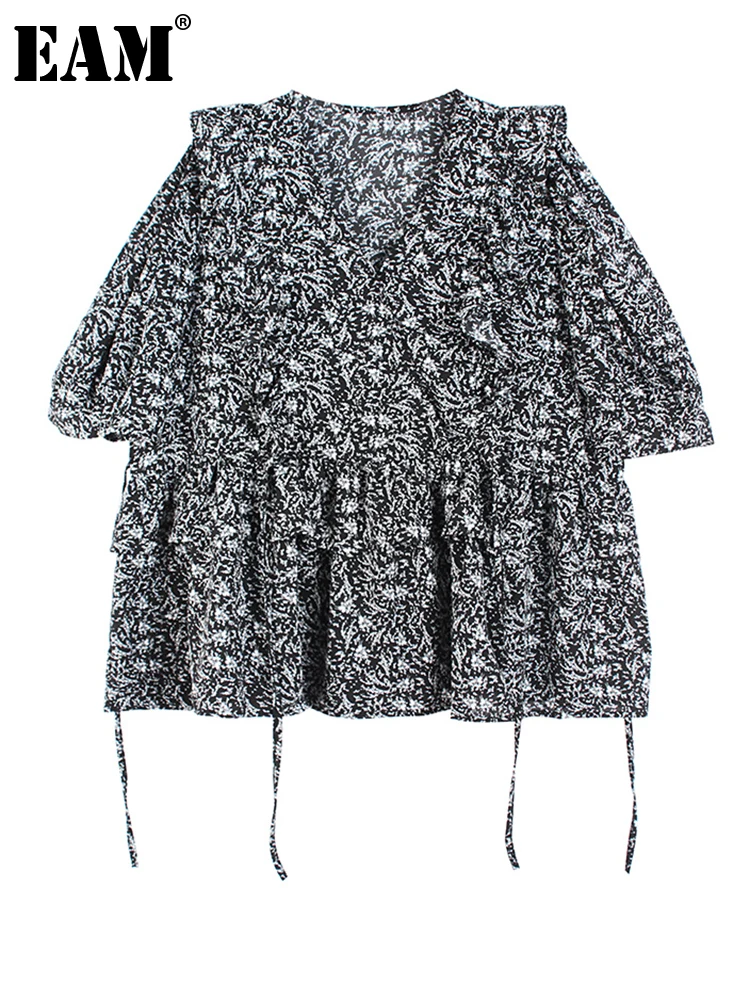 

[EAM] Женская черная блузка большого размера с принтом, новая свободная рубашка с v-образным вырезом и рукавом три четверти, модная весенне-лет...