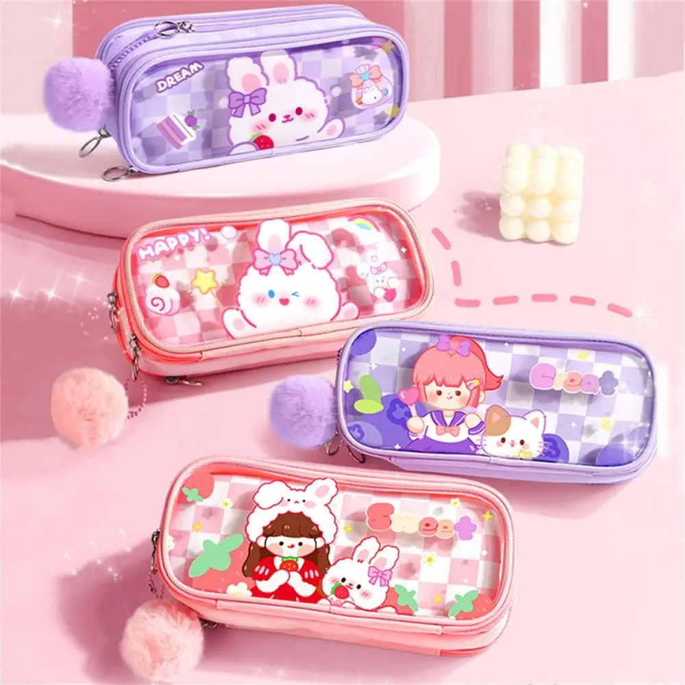 

Transparent Pencil Cases Kawaii Large Capacity Waterproof Pen Box Three Layers Pink Purple Pencil Bag School Supplies