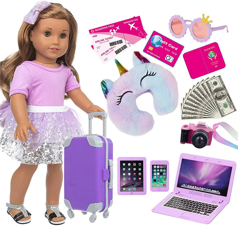 

Дорожный чемодан для девочек 18 дюймов, игровой набор с кукольной одеждой 18 дюймов и аксессуарами, включая солнцезащитные очки, камеру, компь...