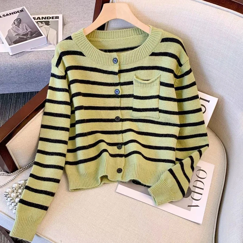 

Женский однобортный Кардиган с круглым вырезом, новый удобный укороченный свитер в полоску в стиле ретро, осень