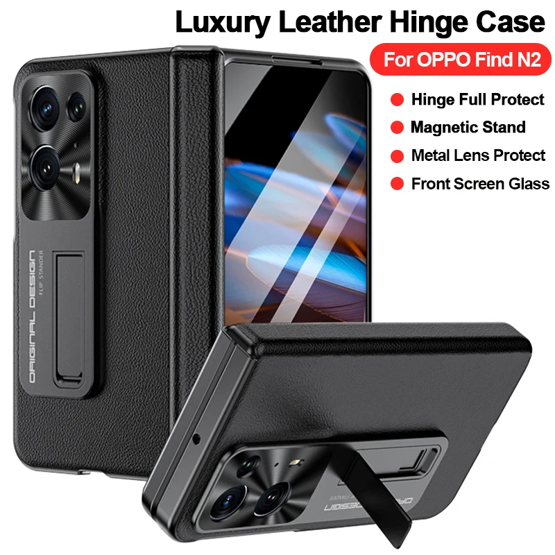 

Hinge Magnetic Holder Cases for OPPO Find N2 5G Case Luxury Leather Stand Front Screen Glass Protect Cover for OPPO Find N2 Capa