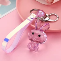 crystal rabbit keychain women creative design cute cartoon animal keyring with leather rope girl bag car key chain accessories