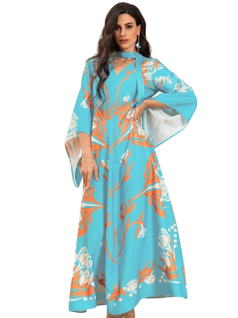 Eid Ramadan Muslim Print Dress Abaya for Women Eid Flare Sleeve Prayer Jilbab African Dresses Islamic Dubai Modest Abayas 2023