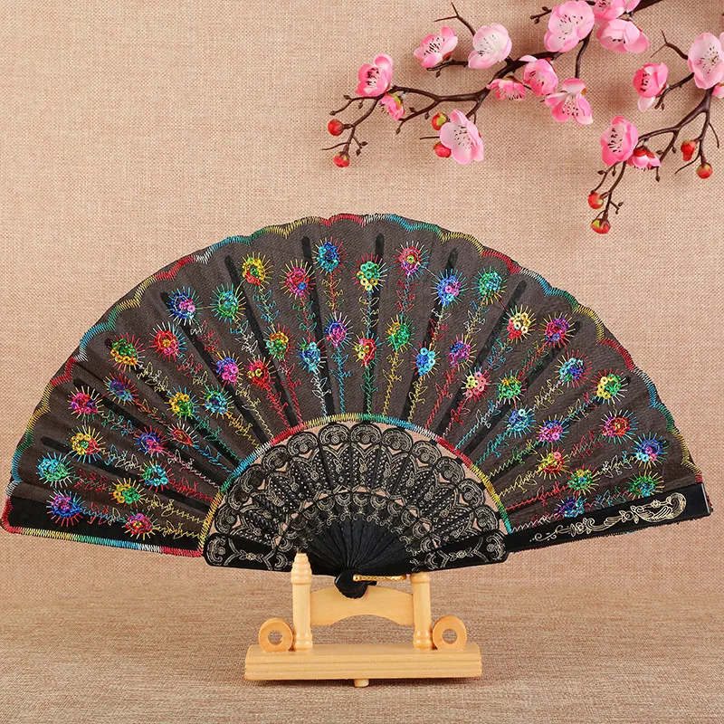 

Sequin Embroidered Folding Fan Chinese Style Stage Performance Dance Hand Fan Gifts Photography Props Wedding Party Decoration
