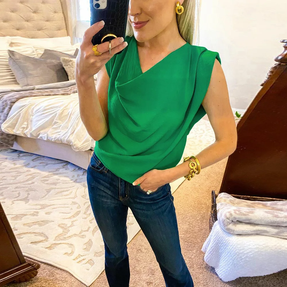 

Women's Satin Tops Summer Solid Color Pile Neck Sexy Vest Sleeveless Casual Shirt 2022 Spring Loose Female Fashion Clothes
