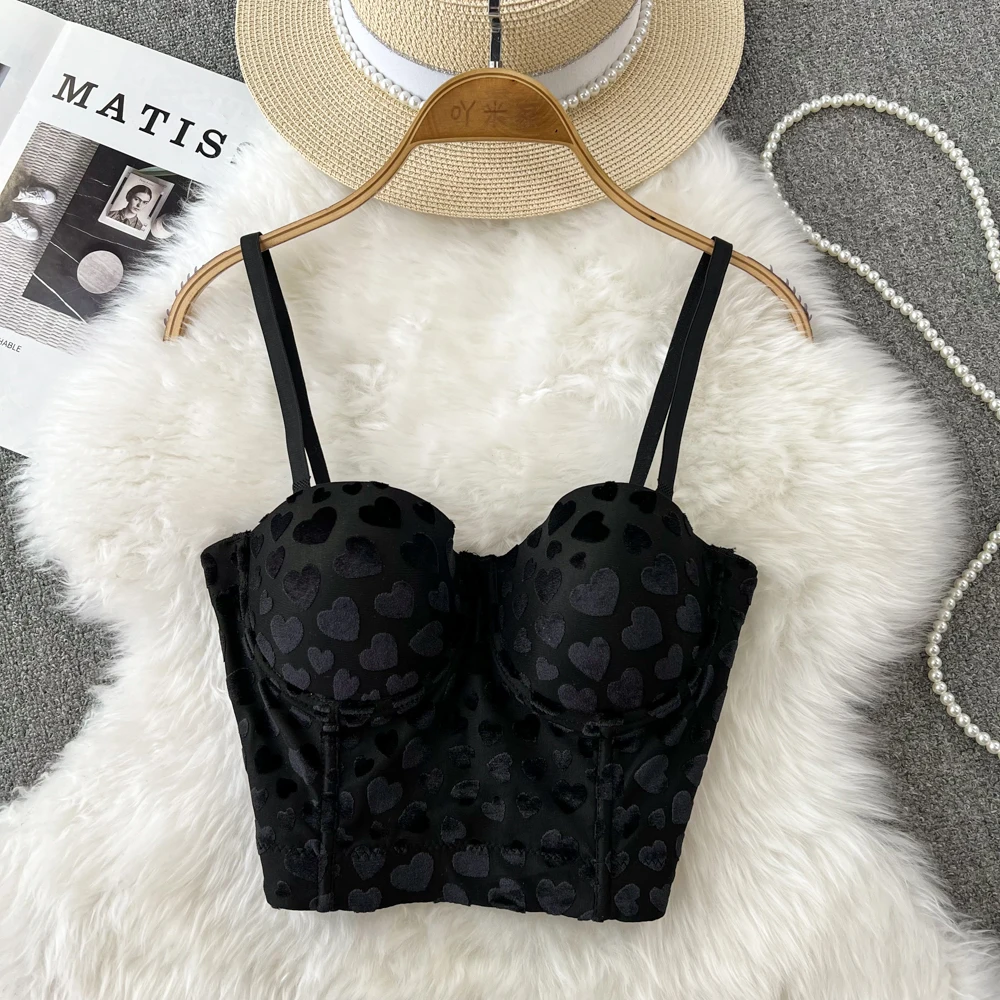 

Spaghetti Strap Spicy Girl Tanks&Camis For Women Sexy Heart Spliced Croset Crop Tops With Built in Bras Woman Tank Camisoles