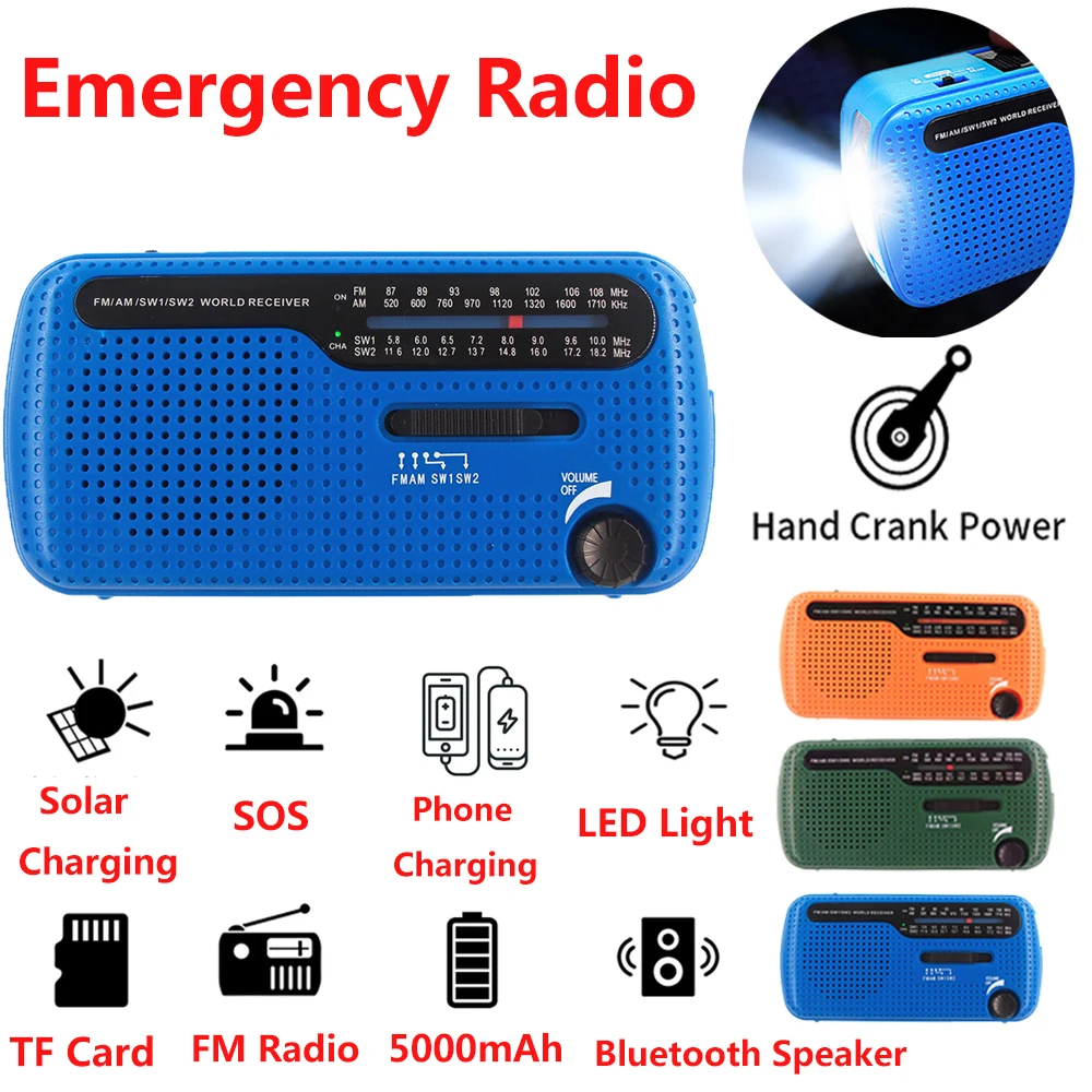 

1200mAh Outdoor Emergency Radio Portable AM/FM/SW Radio Solar Hand Crank USB Charging SOS Alarm with LED Flashlight (3PCS )