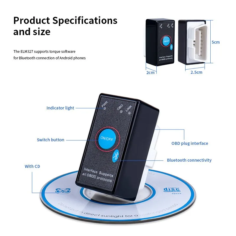 Диагностический сканер для автомобиля с Bluetooth ELM327 OBD2, версия V2.1 (art.: 3920db6ca2155) - 3920db6ca2155