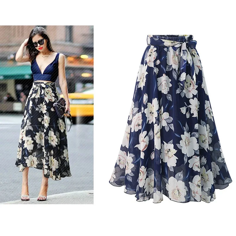 

Женская шифоновая юбка средней длины, элегантная юбка с широким подолом и цветочным принтом в европейском и американском стиле, женская оде...