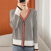 spring and autumn new color matching v neck cotton cardigan womens sweater loose and thin knitted bottoming all match