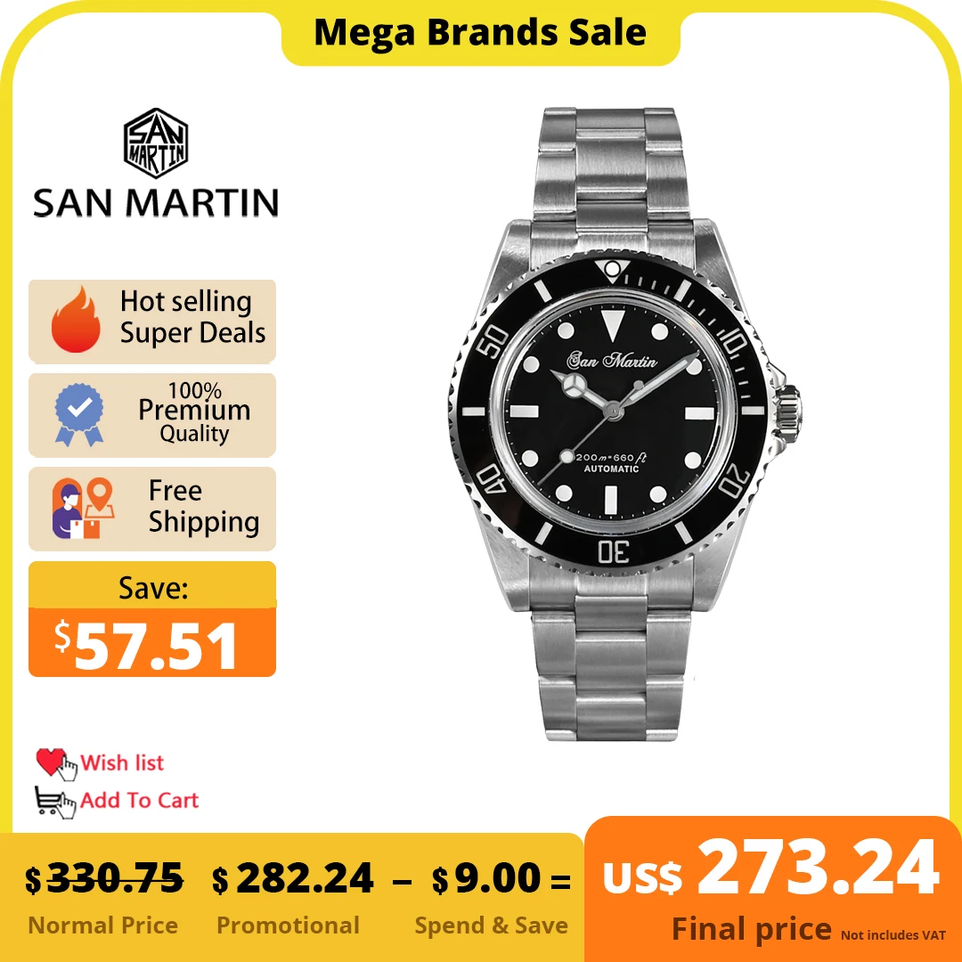 San Martin 39mm Sub Men Watch Vintage Diver Water Ghost Classic Luxury Sapphire Automatic Mechanical Watches 20Bar Luminous