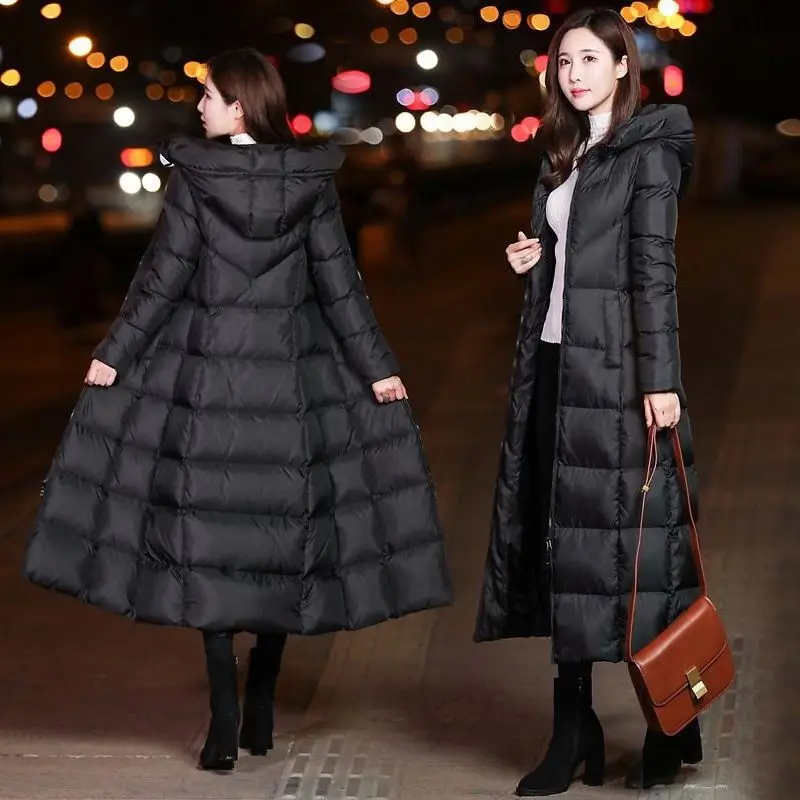 New M-4XL Black Solid Long Coat Winter Women Coat Over-Knee Cotton Padded Korea Hooded Warm Jackets Female Slim Parka Manteau