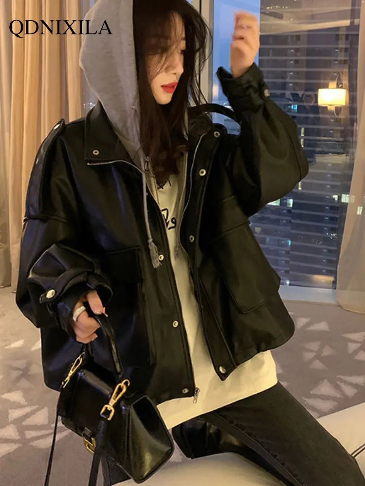 Leather Jacket Women Black PU Short Leather Jacket Motorcycle Suit Women's Spring Jackets Hoodies Women Oversize Winter Jacket