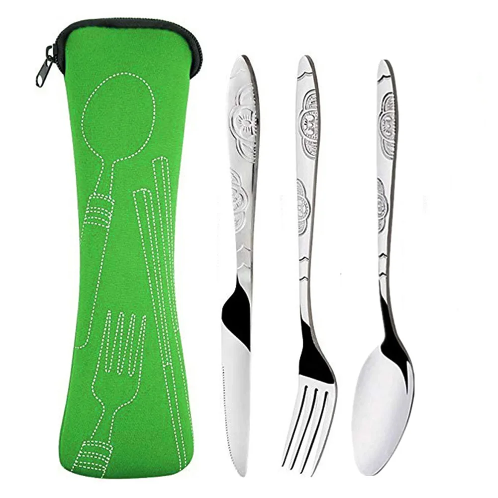 

3Pcs/set Stainless Steel Dinner Set Portable Travel Camping Cutlery Tableware Set Dinnerware Case Flatware Kit with Cloth Bag