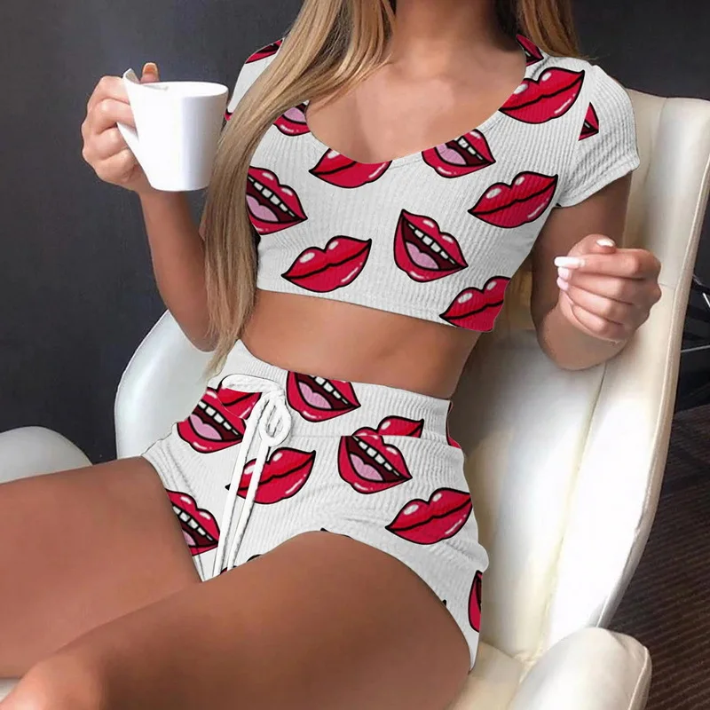 

Women's 2022 Summer Crop Top And Drawstring Biker Shorts Matching Two Piece Sets Casual Lips Print Sportswear