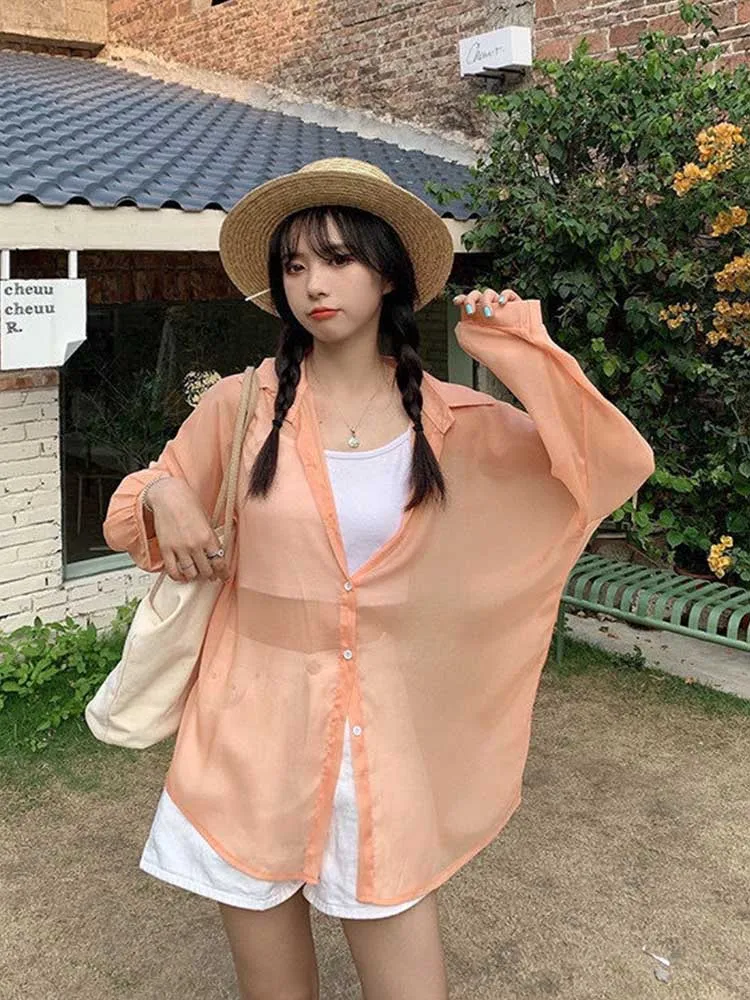 Женская шифоновая блузка с длинным рукавом тонкий однотонный кардиган