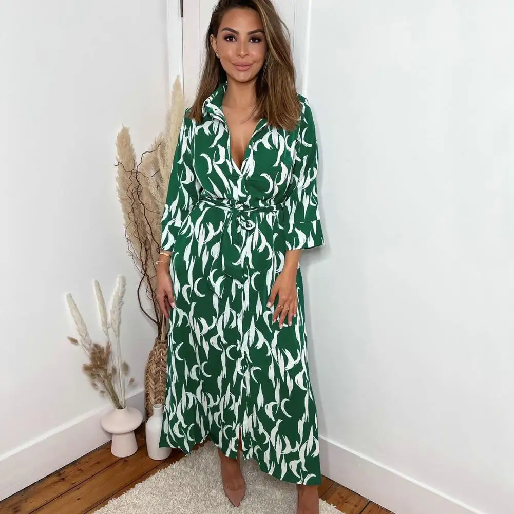 

Shirt Dress Turn-Down Collar Midi Dress Buttons Up Leaves Print Casual Dress