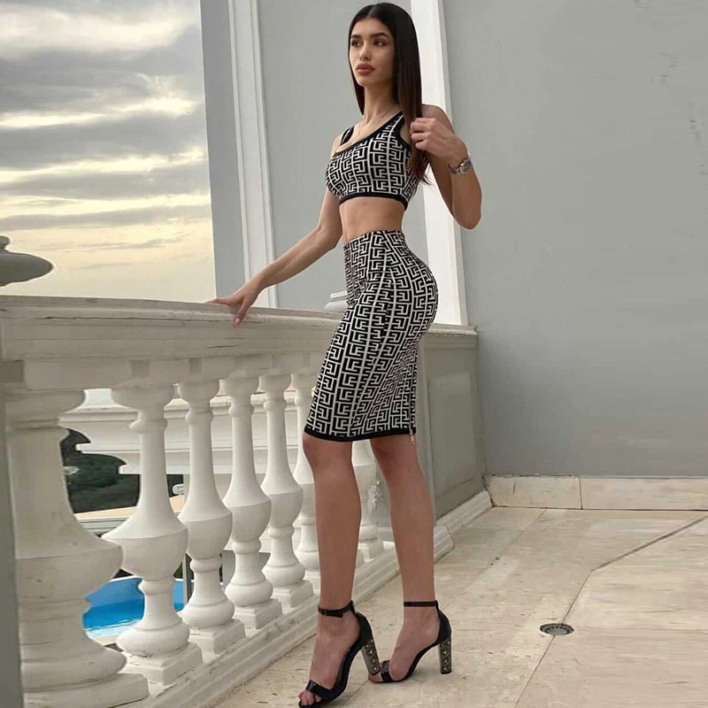 

EXCELLENT Newest 2023 Baroque Designer Fashion Runway Suit Set Women's Jacquard Geometrical Camis Tops Knitted Skirt Set