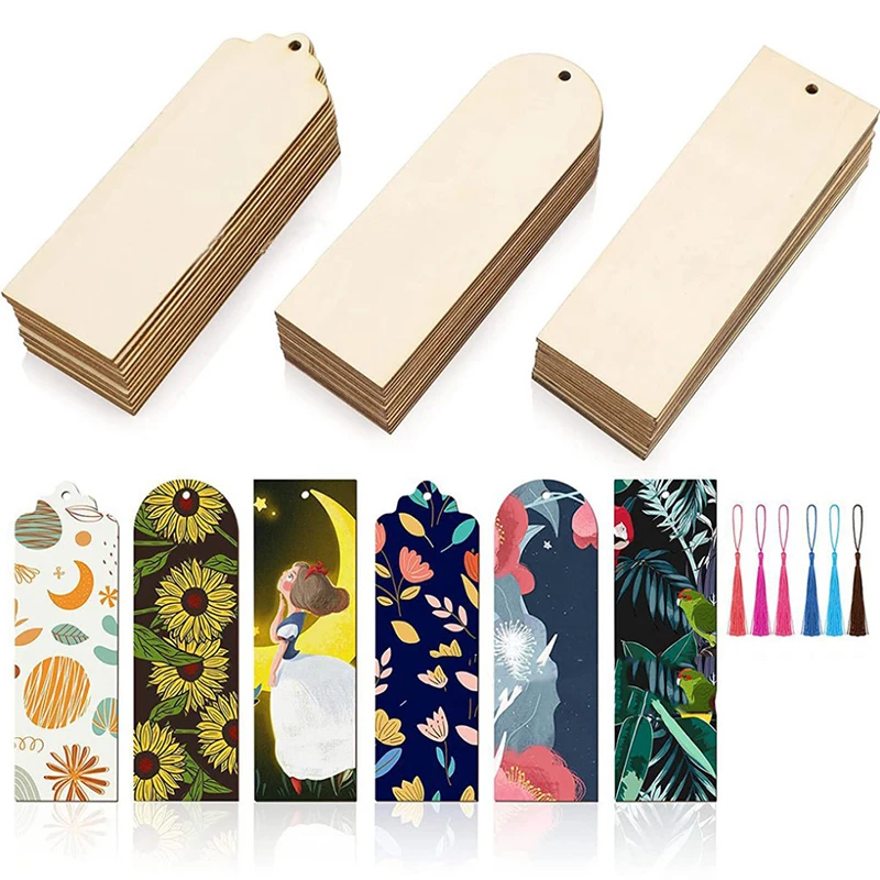 

36Pcs 3 Styles Wood Bookmark Bulk Blank Bookmarks with 36 Pieces 6 Colors Tassels for Christmas DIY Wedding Projects