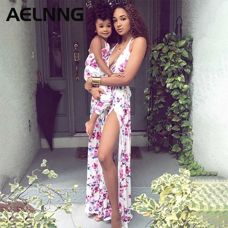 

Mother Kids Daughter Dress 2022 Summer Woman Cotton Printed Backless Dresses Fashion Sexy Split Skirt For Mom Girl 9125