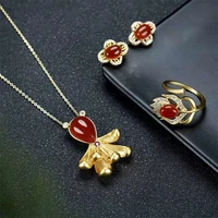 hot selling natural hand carved inlaid ancient method jade necklace ring earrings suit fashion jewelry accessories women gifts