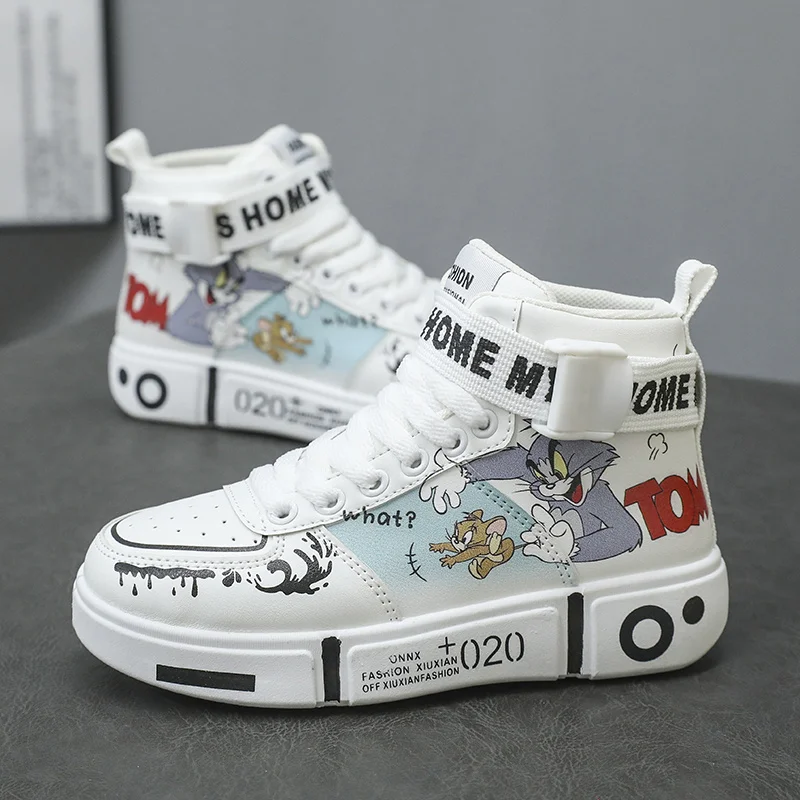 Hot Fashion Cartoon Skateboard Shoes Kids Boy Lace Up Antiskid Sports Shoes Women Platform Leather Casual Anime Sneakers Male