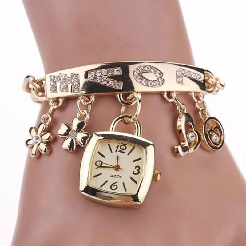 

Women Watches with Letters Rhinestone Inlaid Chain Bracelet Flower Pendant Wrist Watch Ladies Dress Watches Gift Zegarek Damski