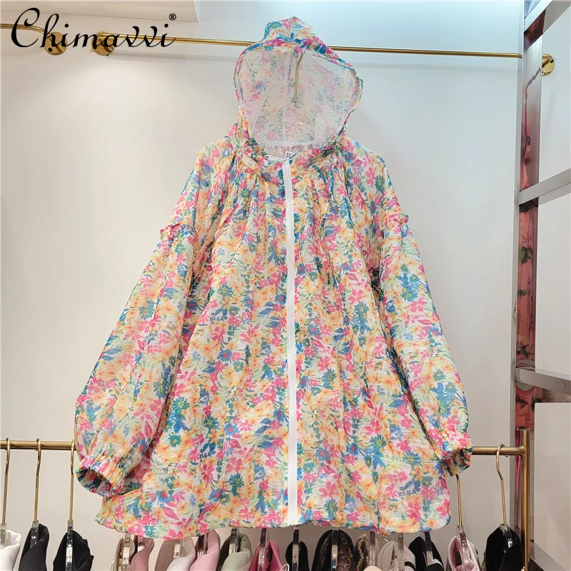 

European 2022 Spring Summer New Ladies Vintage Floral Hooded Drawstring Zipper Sun Protection Coat Women's Fashion Simple Coat