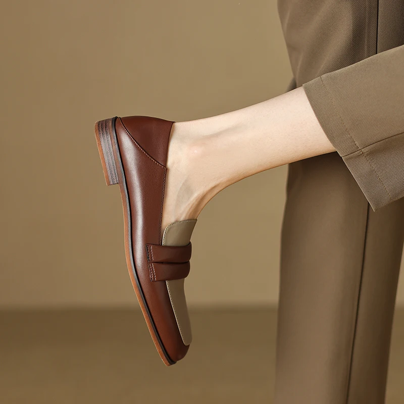 33-40 large size cow leather British style women's shoes round toe panel medium heel thick heel women's shoes