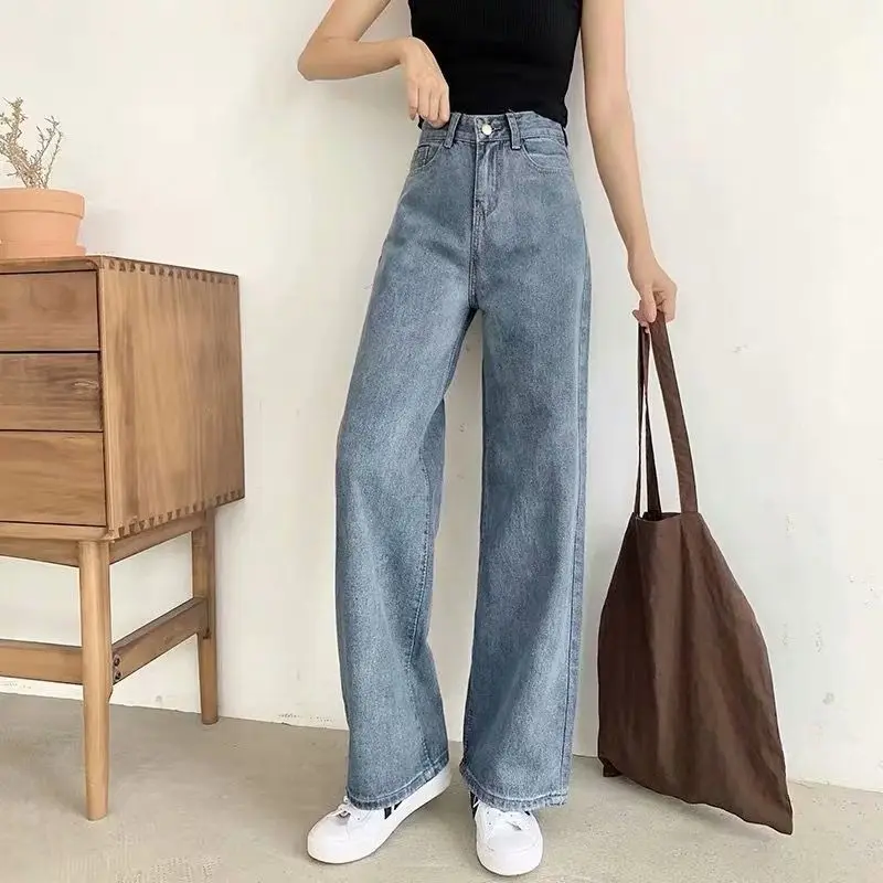 

Винтажные джинсовые брюки с завышенной талией в уличном стиле, повседневные широкие брюки в Корейском стиле, джинсы-багги для мам Q5949