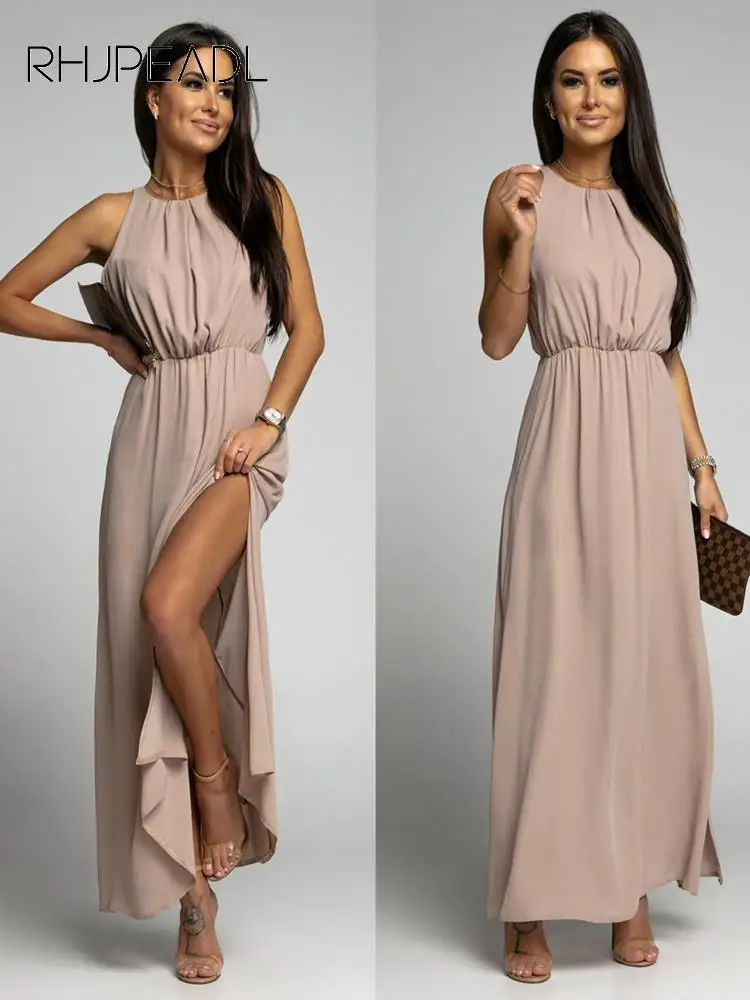 

Summer Elegant Long Dress Women Sexy Halter Sleeveless Split Maxi Dress 2022 Ladies Fashion High Waist Party Dresses Robe Femme