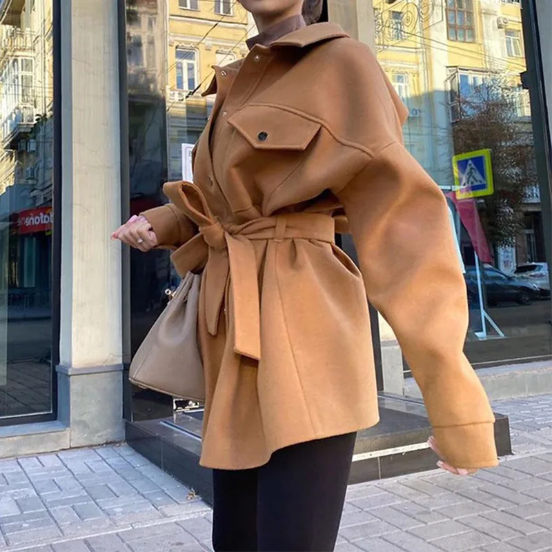 Women's 2021 Casual Fashion Loose Lapel Wool Chic Coat with Retro Long Sleeve Side Pockets Women's Coat Warm Women's Clothing