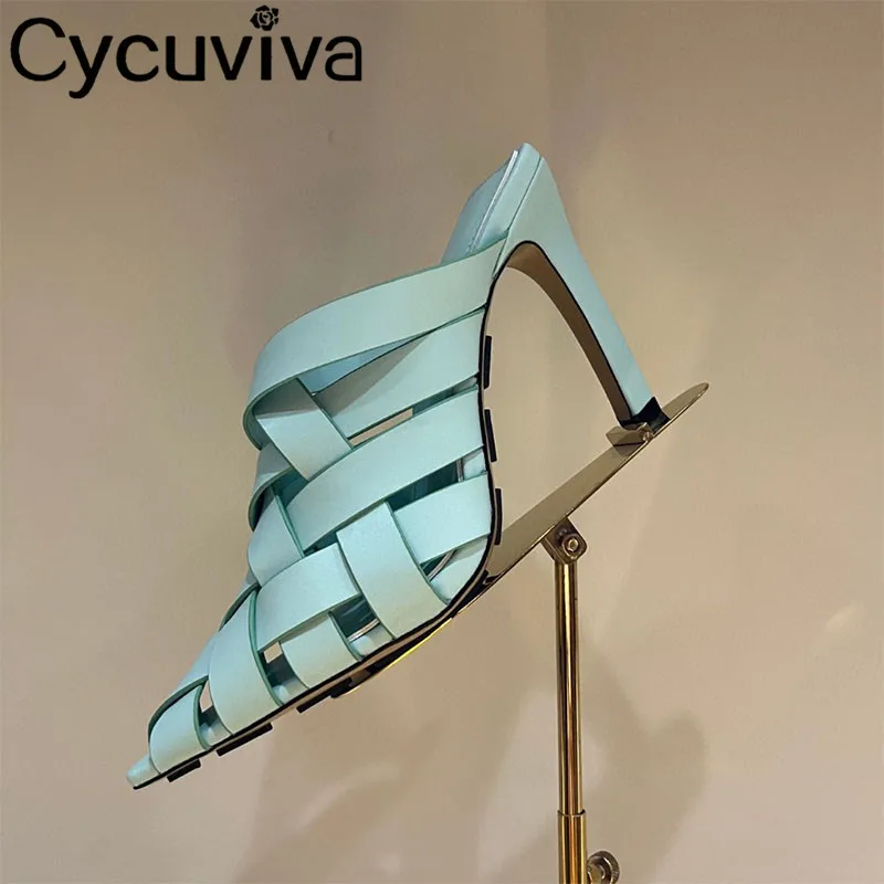 

Мюли женские с острым носком, кожаные шлепанцы на высоком каблуке, плетеная перекрестная шнуровка, брендовые, летняя подиумная вечерняя Обувь, сланцы