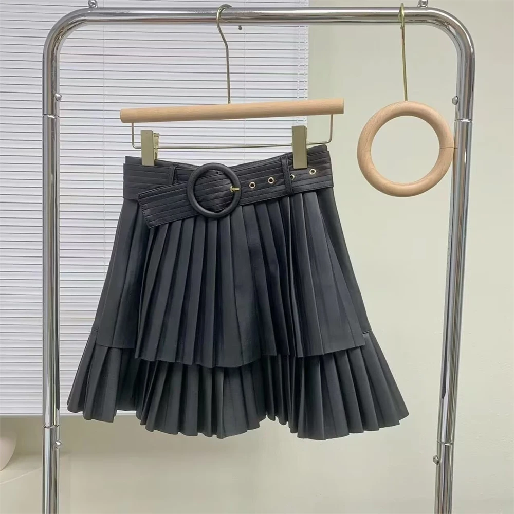 

Женская универсальная юбка BM & MD & ZA, плиссированная юбка из искусственной кожи с поясом и высокой талией, осень 2022