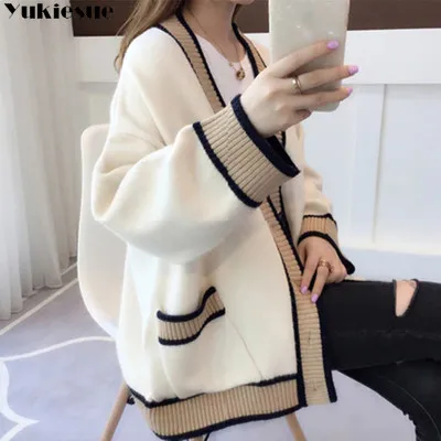 

Women's Cardigan Knitted Korean Fashion Stripe Wool Sweater for Women Winter Long Sleeve V-neck Casual Knitwear Coats Female